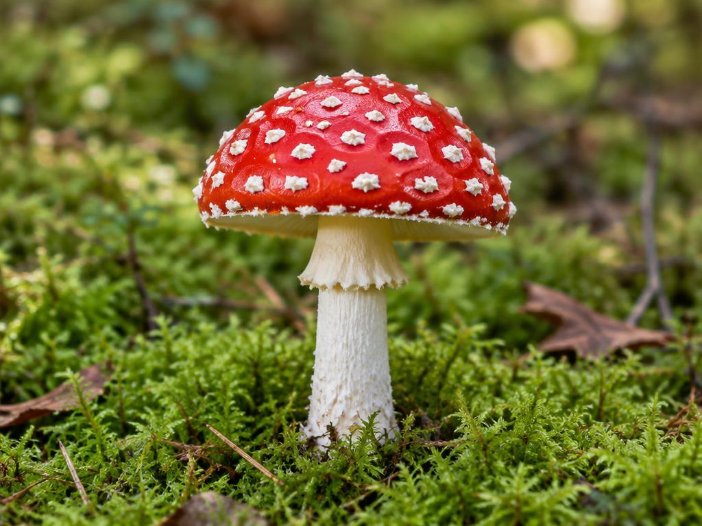 Red and white Amanita muscaria mushroom growing in forest moss