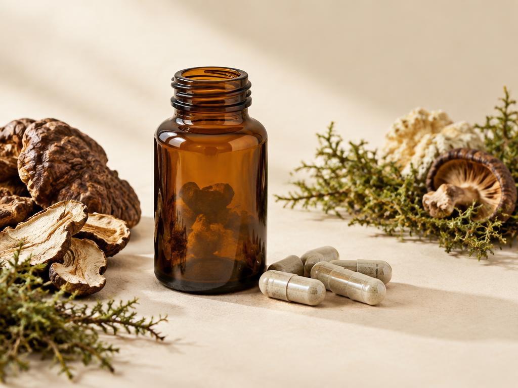 Mushroom supplement capsules beside an amber glass bottle