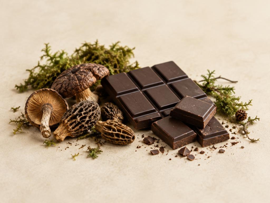 Dark chocolate squares arranged with dried mushrooms