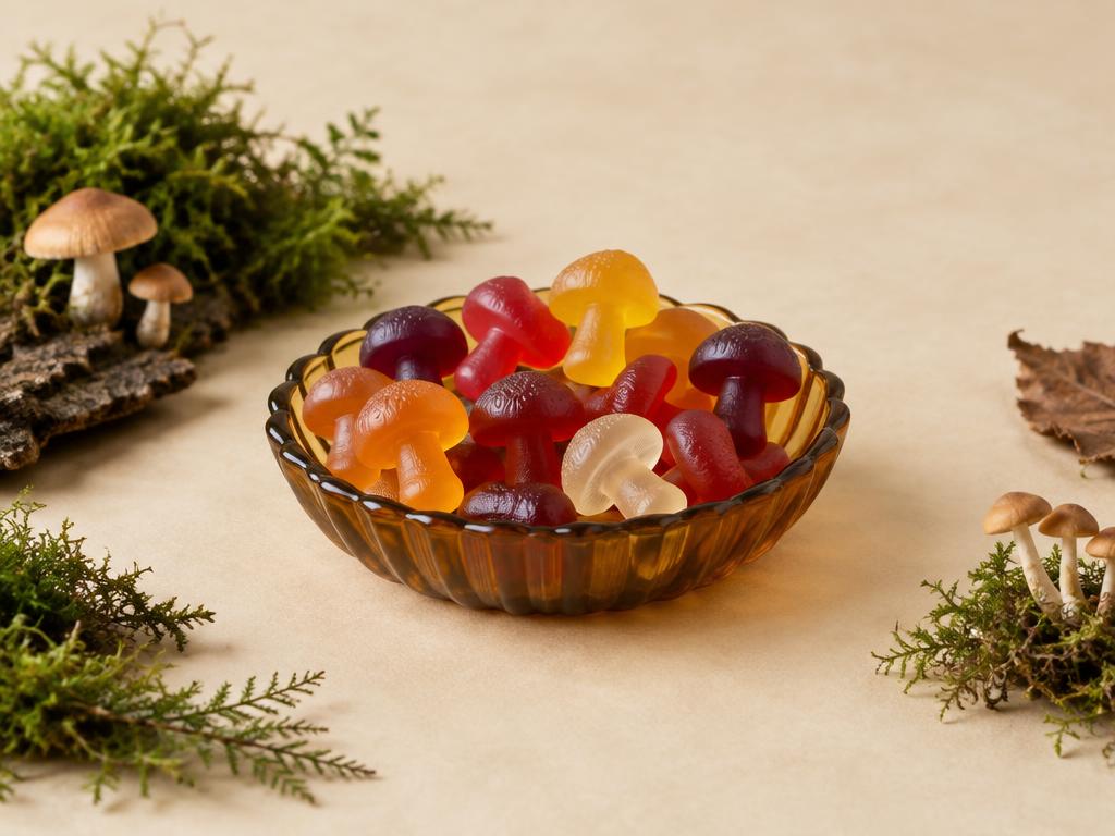 Colorful mushroom-shaped gummies in an amber glass dish